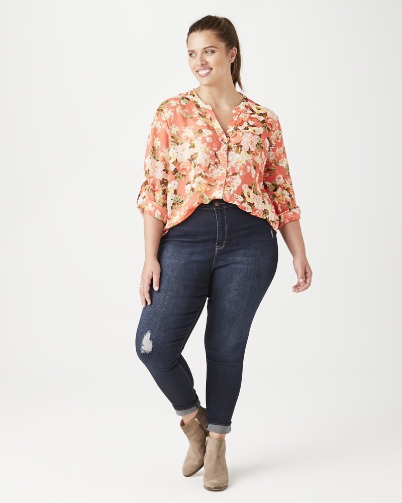 Plus size model with hourglass body shape wearing Demi Button Down Floral Blouse by Kut From The Kloth | Dia&Co | dia_product_style_image_id:142739